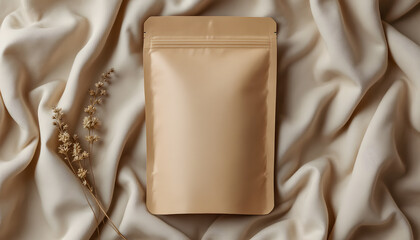 Elegant Beige Stand-Up Pouch Mockup on Luxurious Fabric