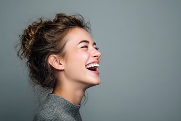 Woman Laughing in Profile on Grey Background