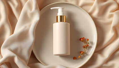 Elegant Cream Bottle on Silk Background with Dried Flowers