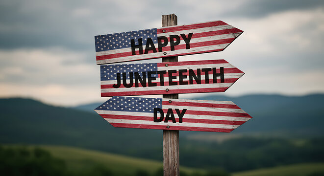 Juneteenth Signpost displaying Happy Juneteenth Day message with American flag design perfect for holiday celebrations and historical content