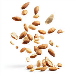 Peanuts and almonds falling on white background
