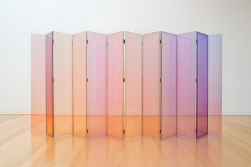 Colorful room divider with translucent panels in a gradient of orange, pink, and purple, reflecting onto a light wooden floor in a minimalist space.