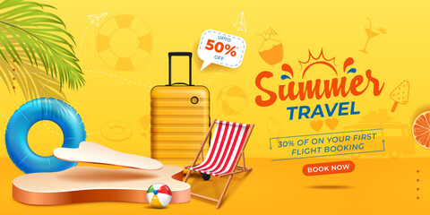 summer travel sale banner design on yellow background with illustration of summer elements