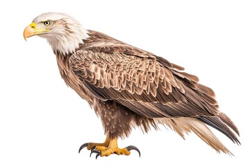 Obraz premium A majestic white-tailed eagle, perched proudly with wings slightly open, isolated against a white background