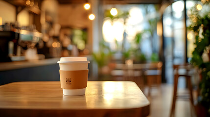 Fototapeta premium Clean Café Interior with Coffee on Wooden Table