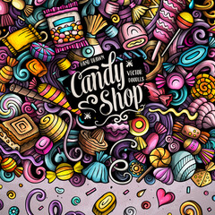 Candies cartoon vector doodles illustration. Sweet food frame design. Confection elements and objects background. Bright colors funny border. 