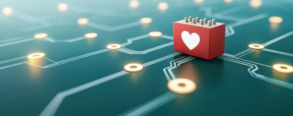Fototapeta premium material science nanomaterials concept. Digital heart box on circuit board with glowing connections.