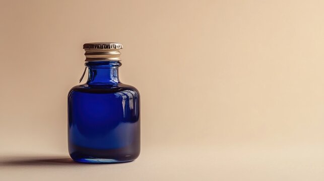 Small blue glass bottle with metal cap