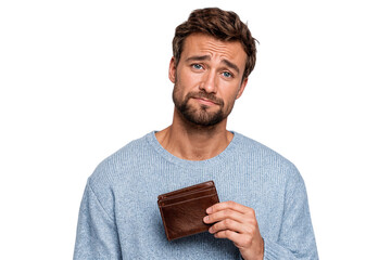Portrait of a man man looks upset as he shows his empty wallet, symbolizing money troubles, isolated on white background
