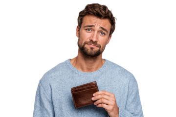 Portrait of a man man looks upset as he shows his empty wallet, symbolizing money troubles, isolated on white background