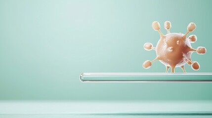 material science nanomaterials concept. Virus model on a test tube against a light background.