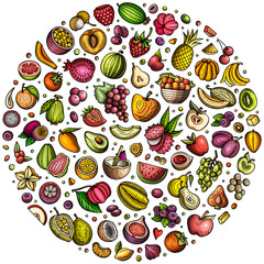Colorful vector set of Fruits cartoon doodle objects, symbols and items. Round composition
