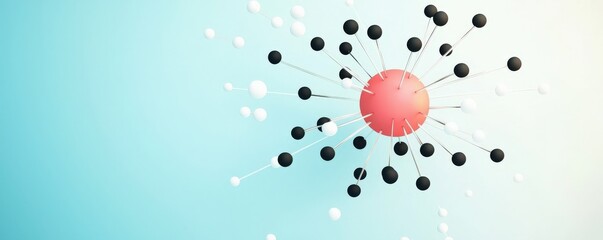 material science nanomaterials concept. Abstract illustration of atomic structure with colorful particles on a gradient background.