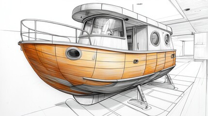 Naklejka premium Detailed Sketch of a Classic Wooden Motorboat