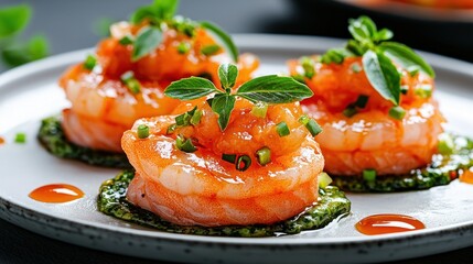 Elegant Shrimp Appetizers with Orange Sauce and Green Herbs on White Plate