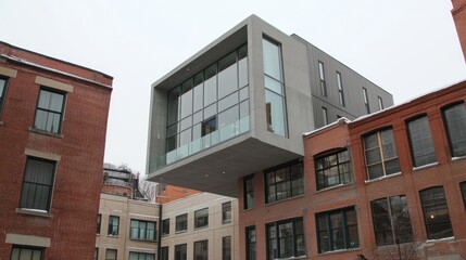 Modern concrete building contrasting older brick structures.