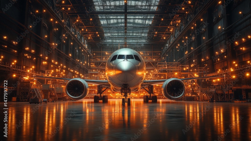 Poster a commercial aircraft is positioned in a spacious hangar, where technicians perform maintenance task