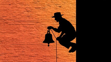 Silhouette person pulling bell on rope against brick wall