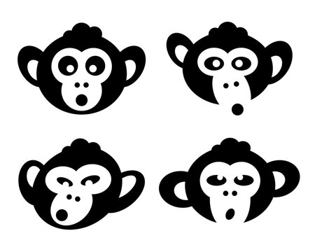 Monkey baby head avatar silhouette logo set. Chimpanzee ape face icon collection.