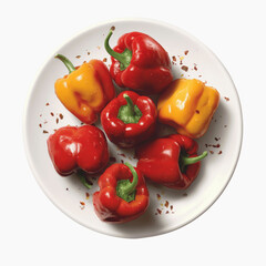 Fresh Red and Yellow Bell Peppers on a White Plate with Chili Flakes