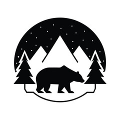 A black and white silhouette illustration of a bear in a mountain landscape with stars and trees