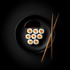 Sushi Delight: A top-down view of meticulously crafted sushi rolls on a jet-black plate, served with complementary sauce and traditional chopsticks, showcasing a minimalist composition.