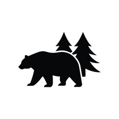 A simple silhouette of a walking bear near pine trees representing nature and wilderness iconography