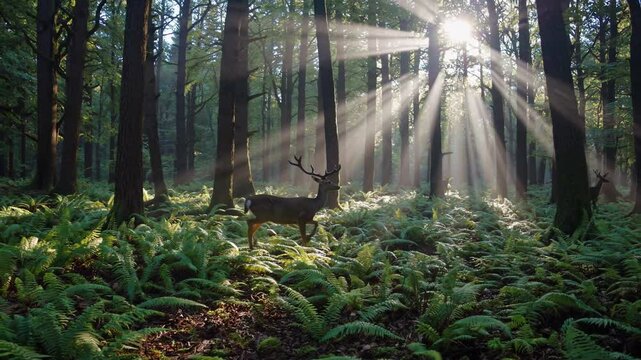 Forest deer stands in bright shafts among ferns, sunlight stripes soft floor while forest deer listens, gentle breeze stirs calm scene around curious forest deer. Concept wildlife serenity.