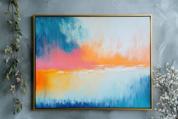 Naklejka premium Vibrant Abstract Painting Featuring Shades of Blue, Orange, Pink, and White on a Textured Gray Background