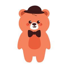 cute drawing cartoon bear wearing black hat and black bow. cute drawing for sticker, doodle sticker