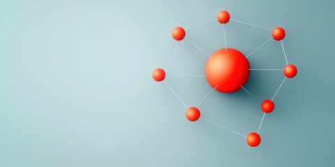material science nanomaterials concept. 3D atom model with red spheres and connecting lines on a blue background.
