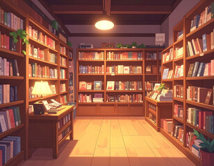 Obraz premium the image depicts the inside of a store for books. tall wooden shelves line the walls, filled with various books of different colors and sizes