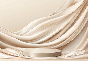 Obraz premium A flowing golden fabric gracefully drapes above a circular pedestal. set against a soft beige background. creating an elegant and serene atmosphere for product display