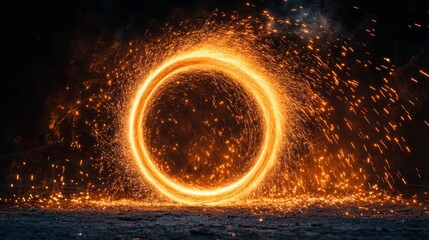 Fiery circular ring of sparks against a dark background