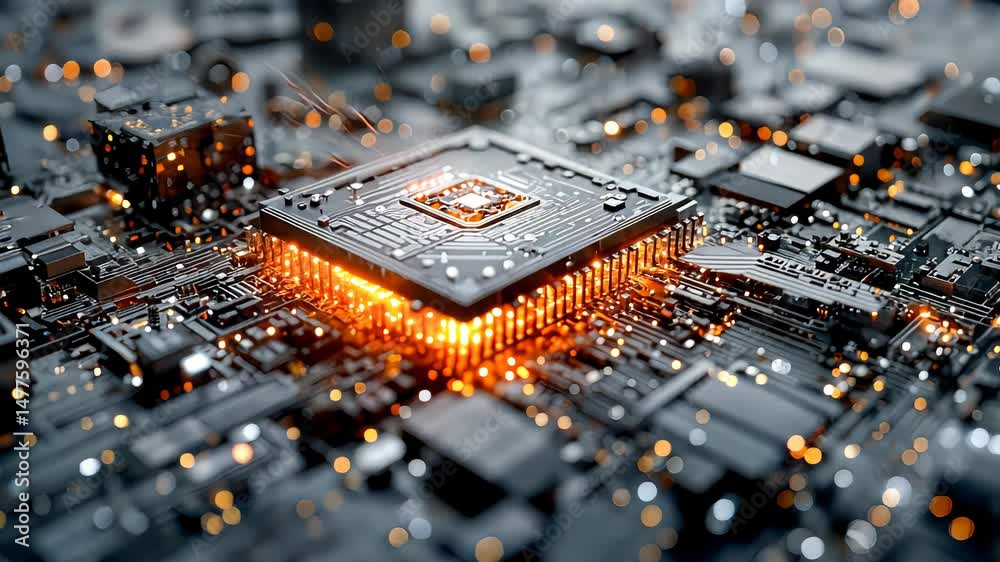 Poster central computer processor unit glowing intensely, surrounded by a dense array of electronic compone