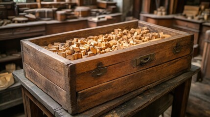 Wooden box filled with craft materials in artisan workshop setting