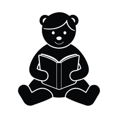 Black silhouette illustration of a teddy bear sitting down reading a book on white background
