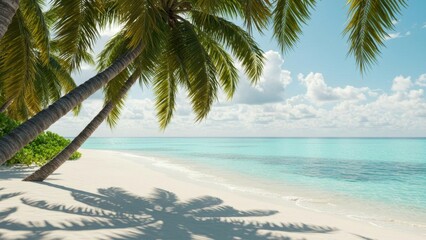 Fototapeta premium Tropical beach with palm trees, white sand, and turquoise sea