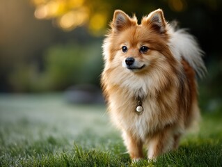 Fluffy pup amidst dewy grass