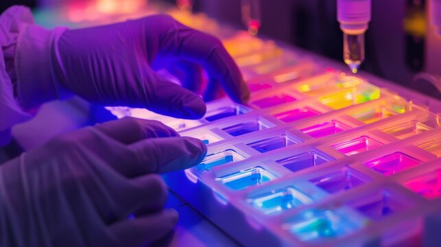 Scientist pipetting liquid sample into micro well plate for biotechnology research in laboratory