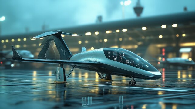 Futuristic VTOL aircraft at airport terminal at night