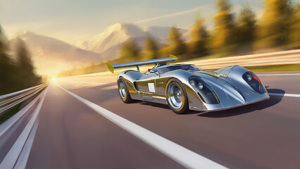 Obraz premium Silver Sports Car Speeding on Mountain Road
