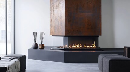 Modern corner fireplace with rust-colored metal cladding in a minimalist living room.