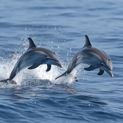 Fototapeta premium Two Dolphins Leap from Ocean Waves, Dynamic Wildlife Scene