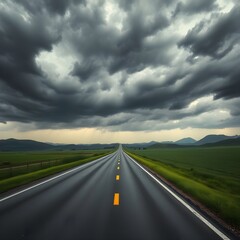 Driving on a long straight road across the country under a vast sky