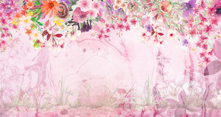 watercolor background with flowers pink color 