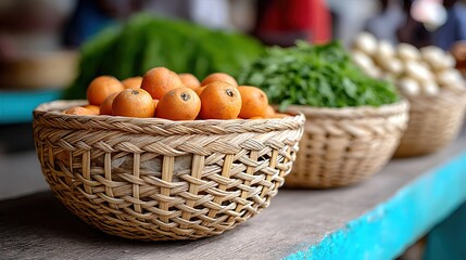Rustic Organic Market Display with Fresh Produce in Baskets