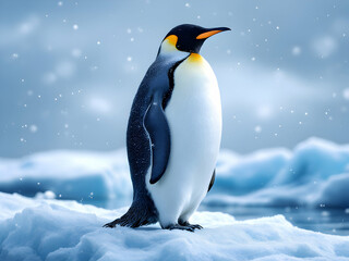 Obraz premium Majestic Emperor Penguin in Antarctic Winter Snowscape Beautiful Wildlife Photography Stunning Nature Image Breathtaking Cold Climate Animal Scene ice sea bird 