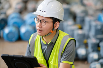 chinese engineer working on digital tablet in warehouse with motor