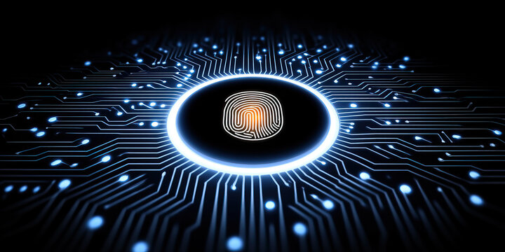 Fingerprint sensor with glowing curved PCB structure like digital circuit board in dark background